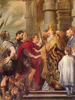 Ambrose forbids entry to Theodosius I after the Massacre of 7000 at Thessalnika, 390 CE, by Sir Anthony Van Dyck (1599-1641) Location TBD.